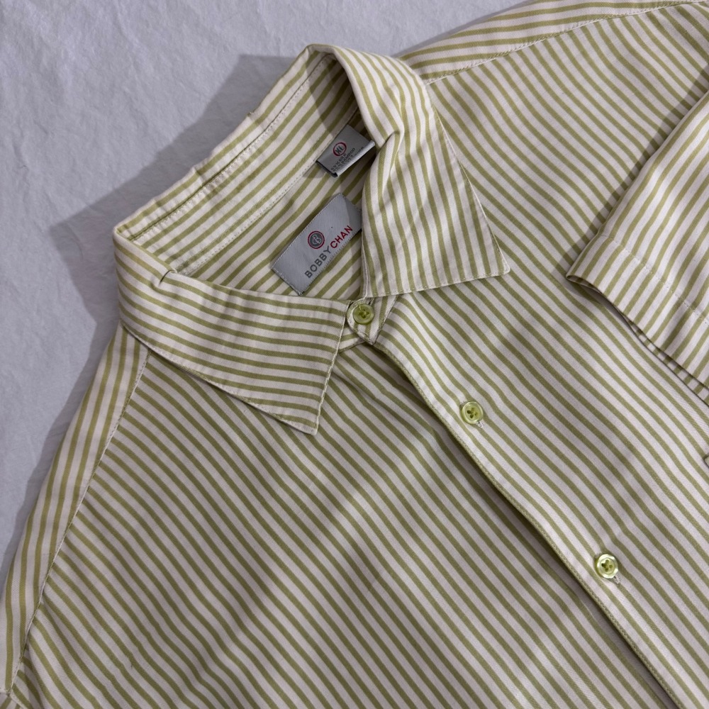 Bobby Chan Mens XL Short Sleeve Button Up Shirt Green Striped Silk Bamboo‎ Blend